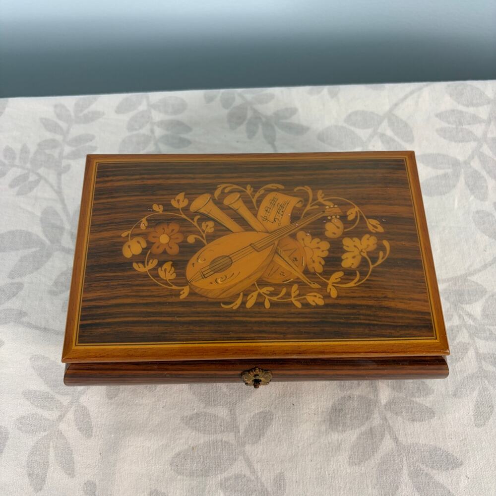 Vintage Italian Style Marquetry Music Box Musical Jewelry Box Isle of Capri